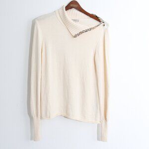 Burberry 100% Merino Wool Turtleneck Sweater Nova Check Snap Button Knit Cream